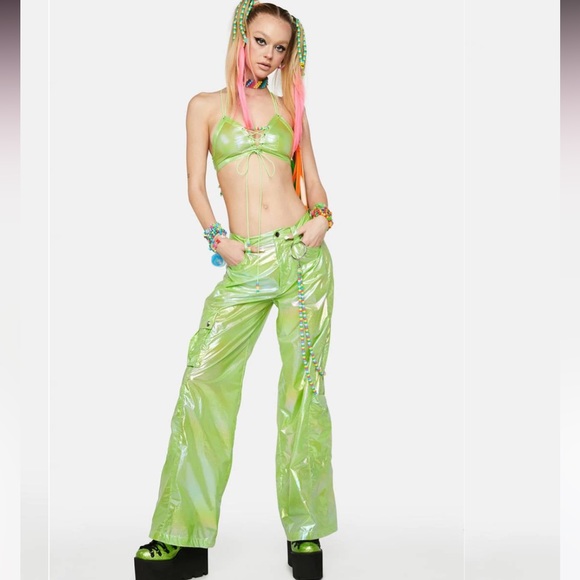 Lime green parachute pants kandi kid wide leg y2k cyberpunk rave edc edm shuffle - Picture 3 of 7